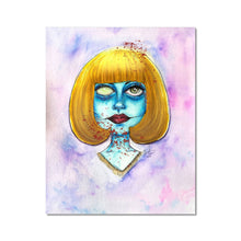 Load image into Gallery viewer, Pastel watercolor illustration with pink, blue  and purple tie dye like background. In the center of the illustration sits a zombie portrait of Casey Becker, he skin is blue, she has one foggy zombie like eye. Full red lips, stitches spread across her face, like the black dahlia and a touch of blood splatters! This is a horror illustration after all!  
